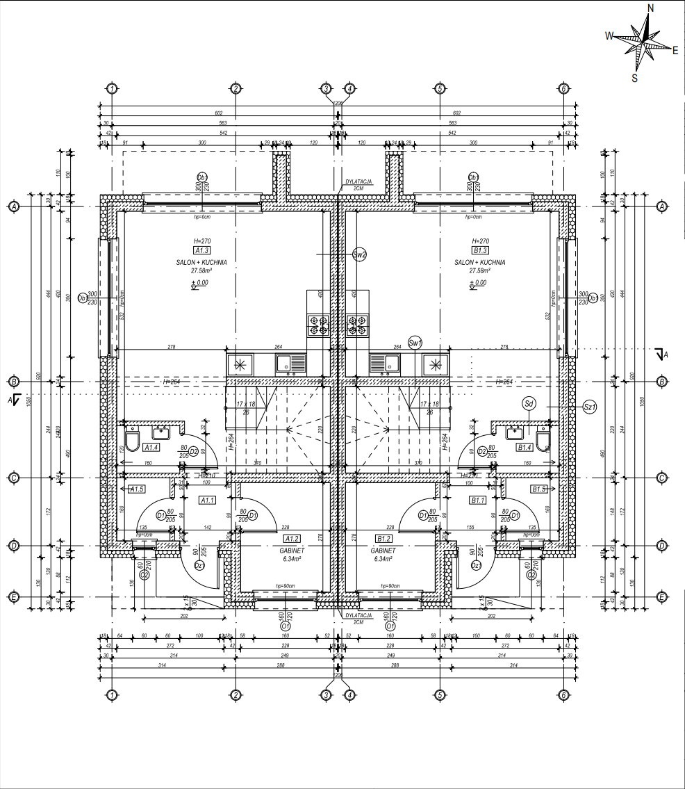 Rzut parteru - salon z kuchnią, łazienka, gabinet